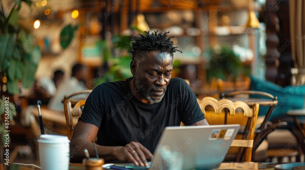 A man is sitting at a table with a laptop in front of him A man is sitting at a table with a laptop in front of him