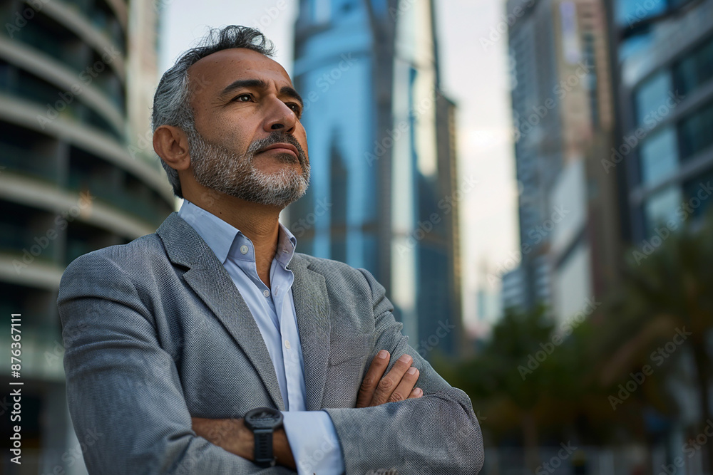 Middle-aged man in a business suit with a thoughtful expression, standing confidently with arms crossed in a modern city environment. Middle-aged man in a business suit with a thoughtful expression, standing confidently with arms crossed in a modern city environment.