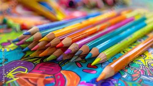 An assortment of pencils and pens lying on a sketchbook, surrounded by vibrant illustrations and doodles