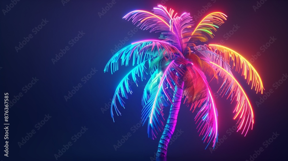 Fototapeta premium Stylized Neon Palm Tree Illustration With Bright Colors And Dark Background Ideal For Tropical Poster, Retro Design, And Art
