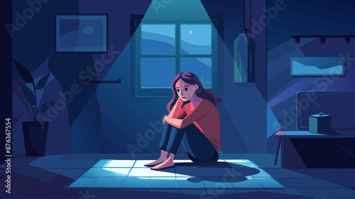 A woman sits alone in a dimly lit room, her eyes reflecting deep sorrow and overwhelming loneliness, surrounded by shadows of her troubled thoughts.