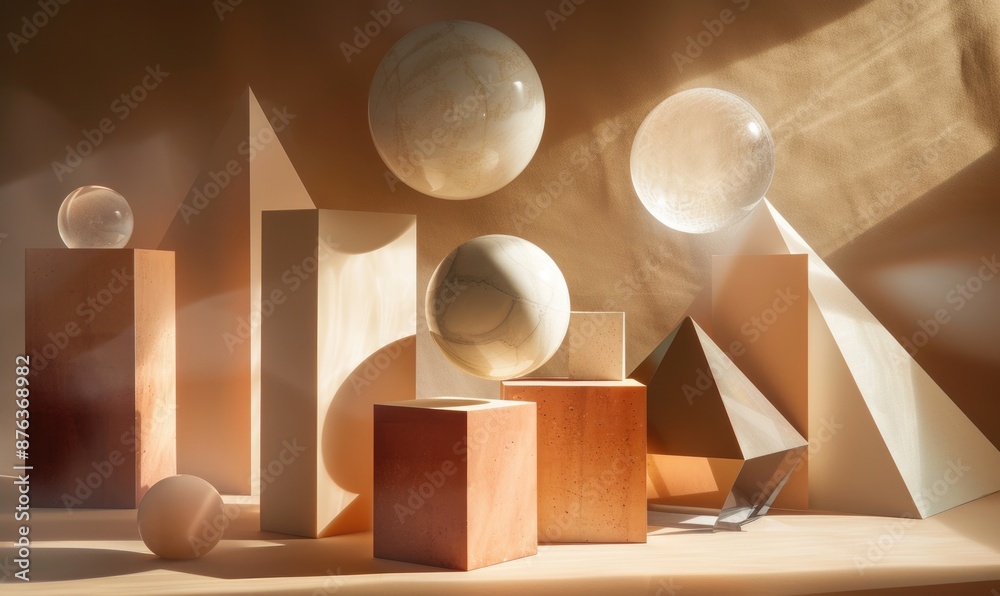 Direct view of a geometric composition with spheres, cubes, and pyramids, arranged in a symmetrical pattern Direct view of a geometric composition with spheres, cubes, and pyramids, arranged in a symmetrical pattern