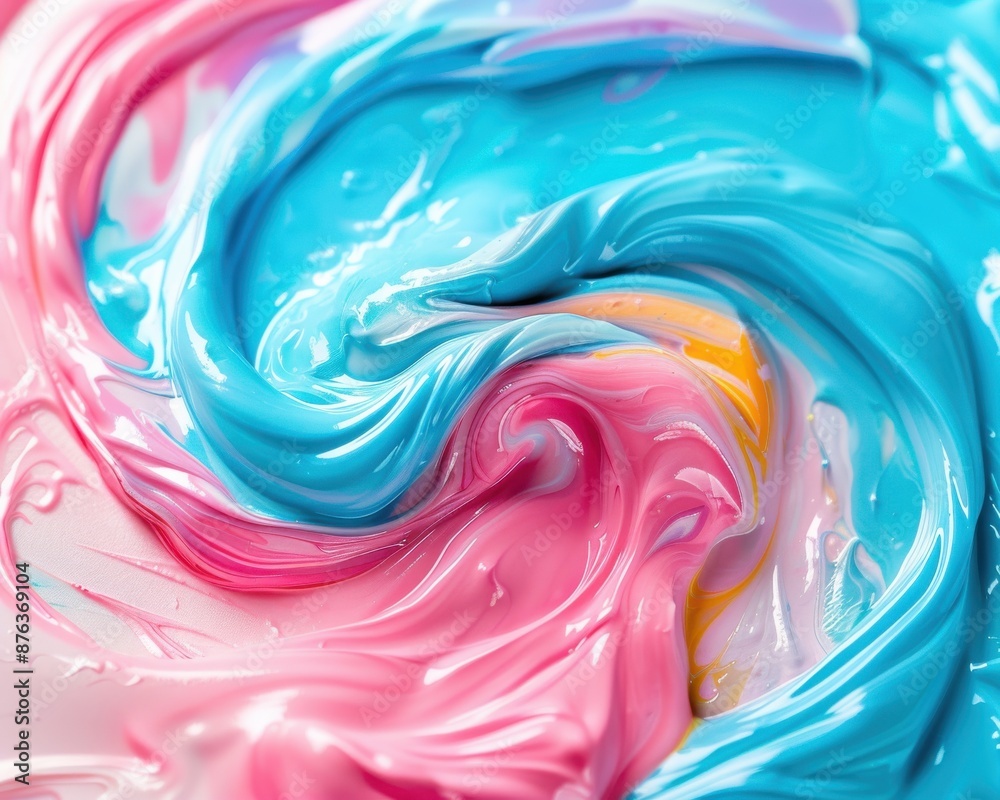 A close-up shot of colorful paint swirling and swaying in a clear container, perfect for an art supply store A close-up shot of colorful paint swirling and swaying in a clear container, perfect for an art supply store