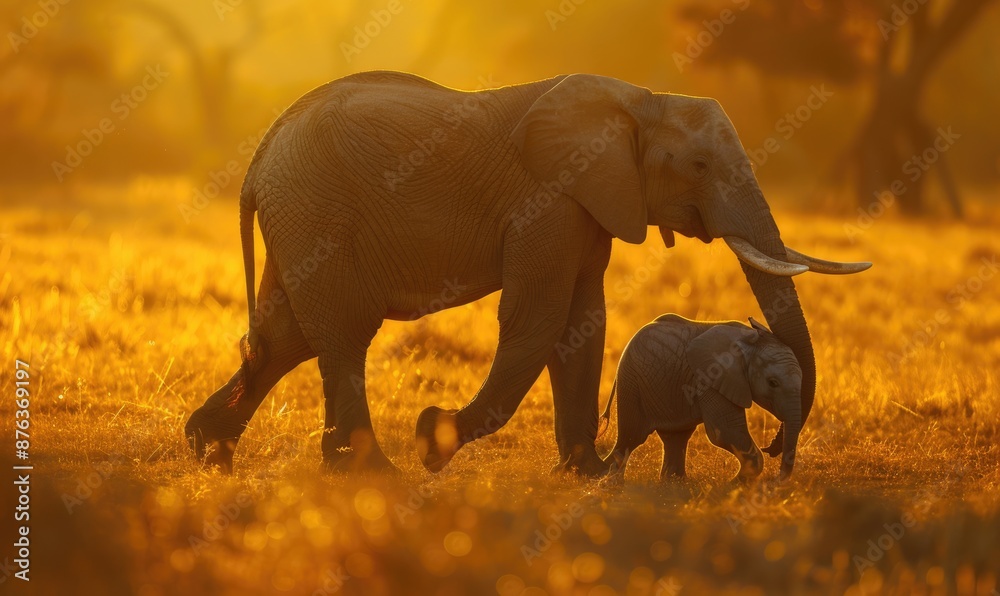 Fototapeta premium Elephant herd walking across the savannah, dusty landscape