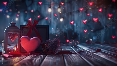 Valentine s Day themed romantic movie setting with love symbols on dark backdrop photo