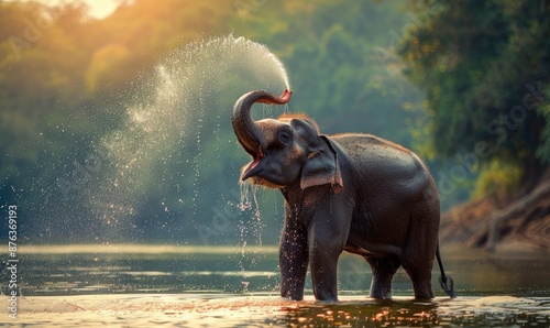 Elephant spraying water with trunk