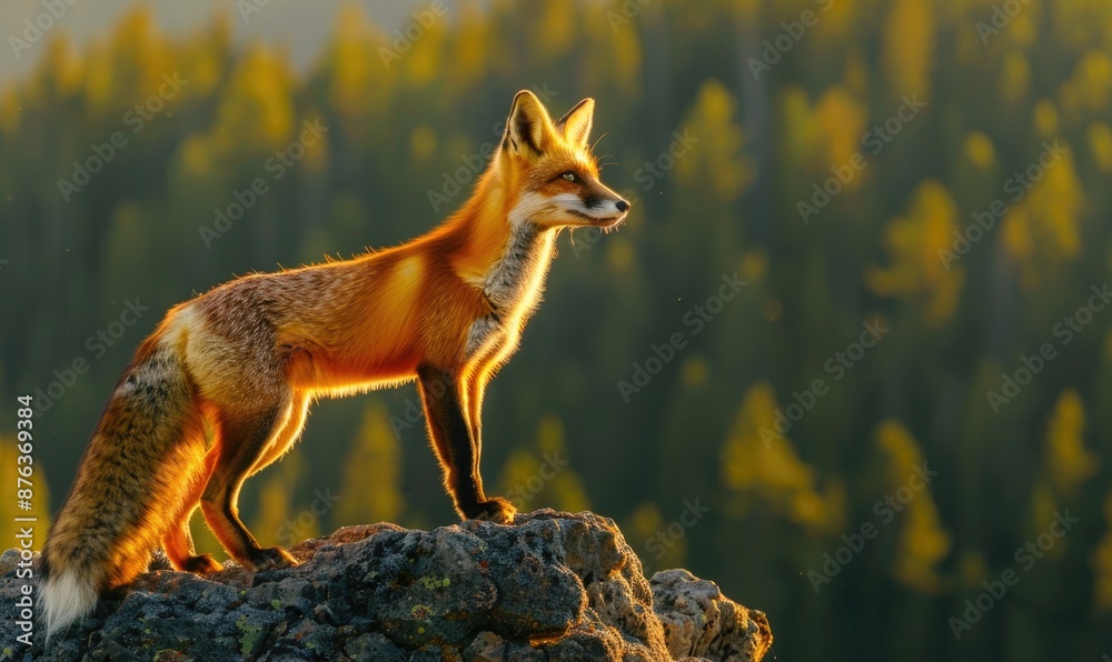 Fox standing on a rocky outcrop overlooking the forest Fox standing on a rocky outcrop overlooking the forest