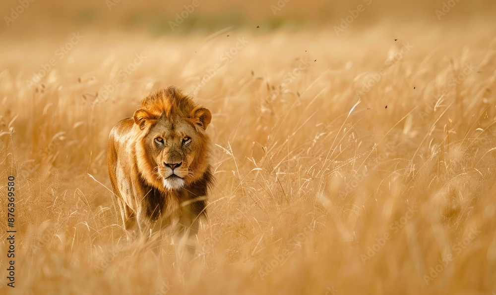 Fototapeta premium Lion walking through tall grass, savannah landscape