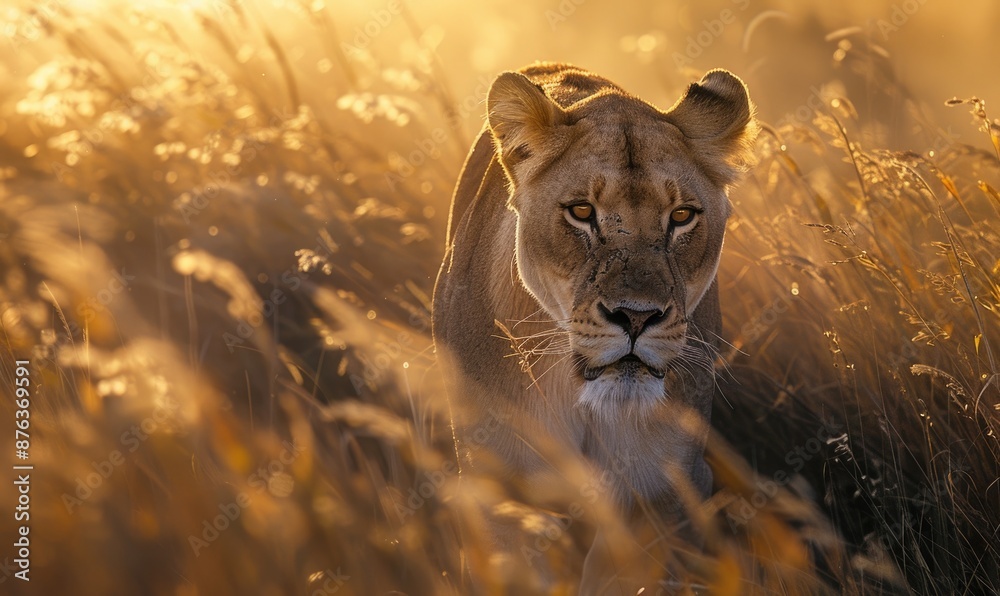 Fototapeta premium Lion walking through tall grass, savannah landscape