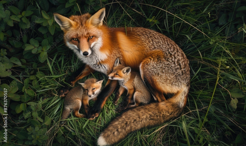 Fototapeta premium Top view of a fox with cubs, playing in the grass