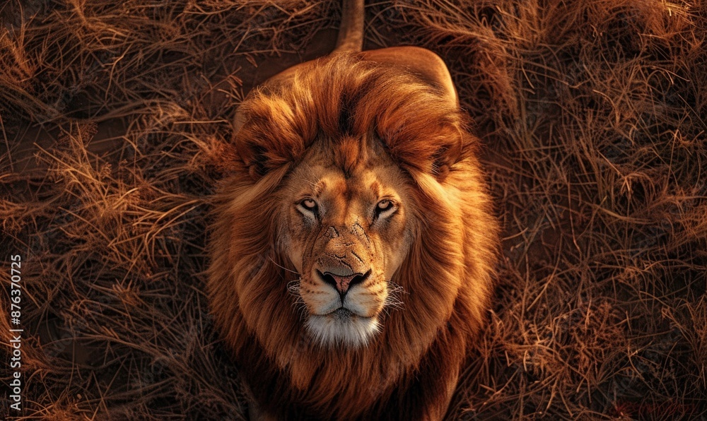 Fototapeta premium Top view of a lion sitting in the dry grass