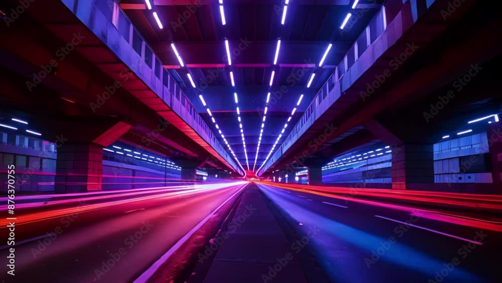 An underpass illuminated by the ling lights of passing cars with the imposing structure of a bridge above. An underpass illuminated by the ling lights of passing cars with the imposing structure of a bridge above.