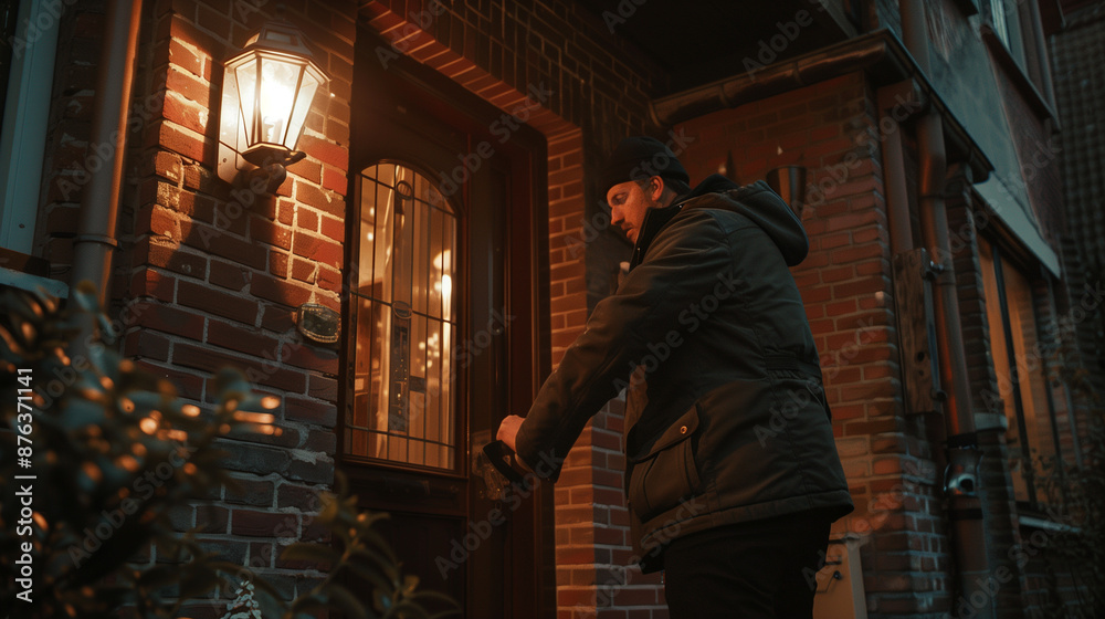 Man dressed in dark clothing is picking the lock of a front door in the suburbs Man dressed in dark clothing is picking the lock of a front door in the suburbs