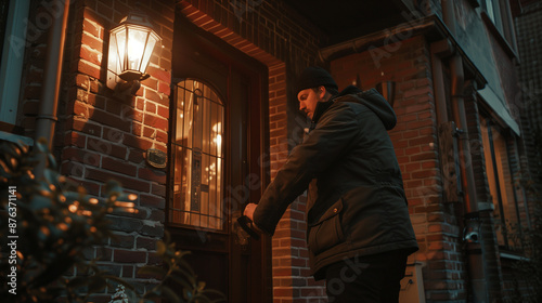 Man dressed in dark clothing is picking the lock of a front door in the suburbs