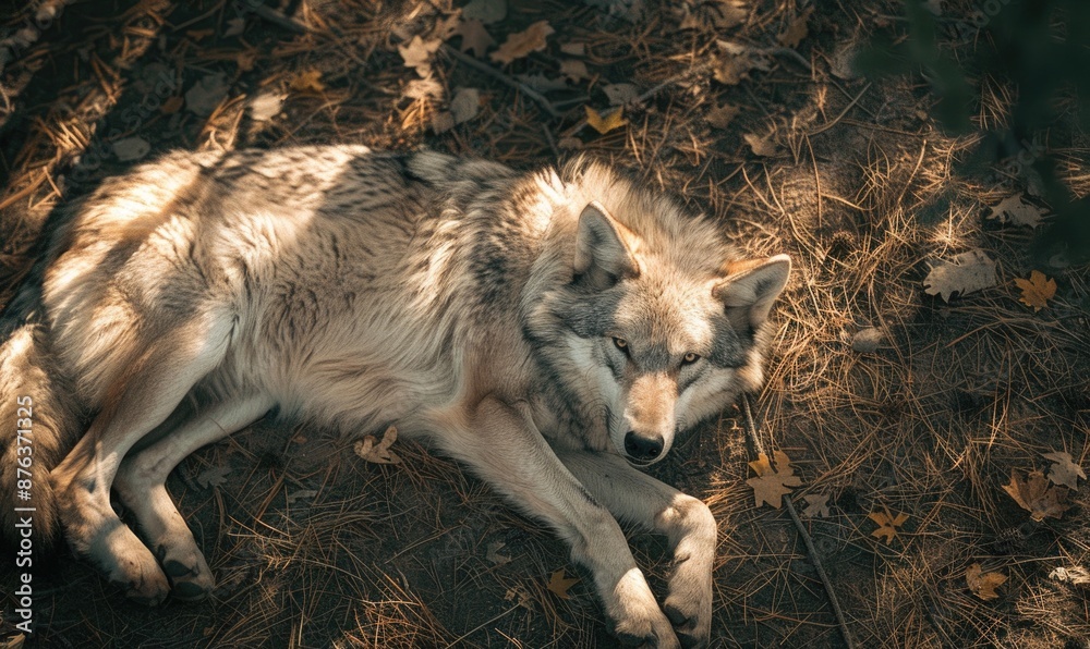 Fototapeta premium Top view of a wolf lying in the shade