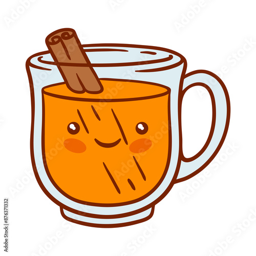 Mulled wine kawaii character. Delicious cute autumn hot drinks.