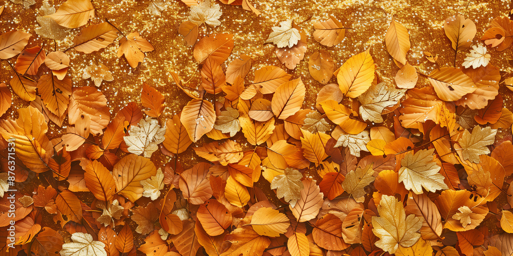 Beautiful autumn background, featuring glittering silver and golden leaves and confetti. Magical fall background. Beautiful autumn background, featuring glittering silver and golden leaves and confetti. Magical fall background.