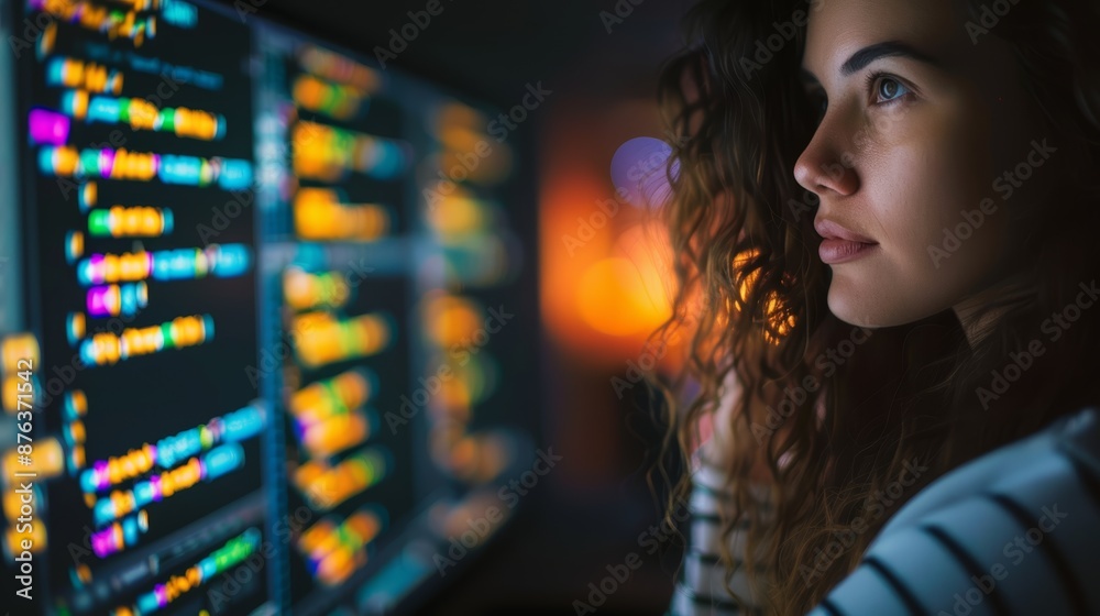 Woman looking at data on a large screen with coding software Woman looking at data on a large screen with coding software