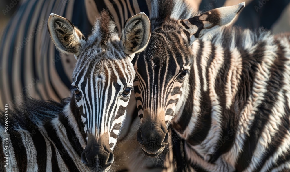 Fototapeta premium Top view of a zebra foal with its mother
