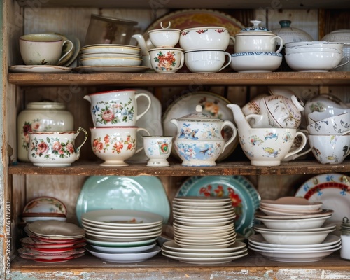 Vintage plates, cups, jars on secondhand market for eco friendly sustainable living