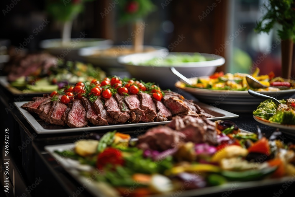Obraz premium Appetizing buffet with assorted colorful dishes, vegetables, and meats displayed.