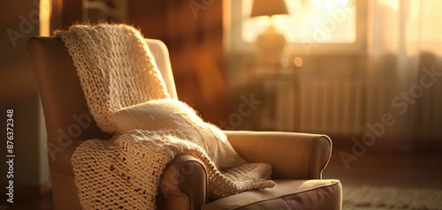 A worn armchair overflowing with plush cushions and a knitted throw blanket, bathed in warm lamplight