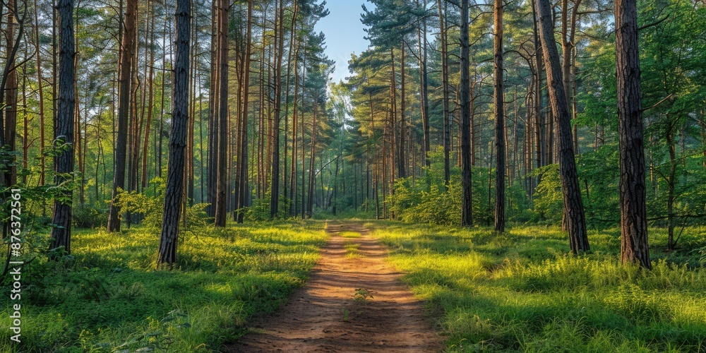 Fototapeta premium Sunlit pathway through a tranquil forest in springtime