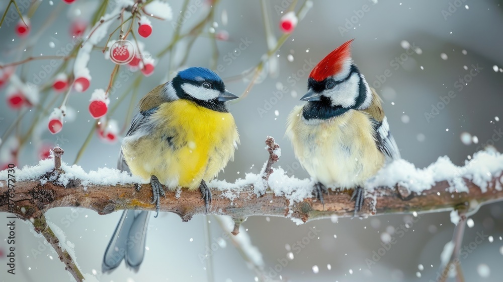 Fototapeta premium Two beautiful songbird sitting at a tree branch in the winter forest