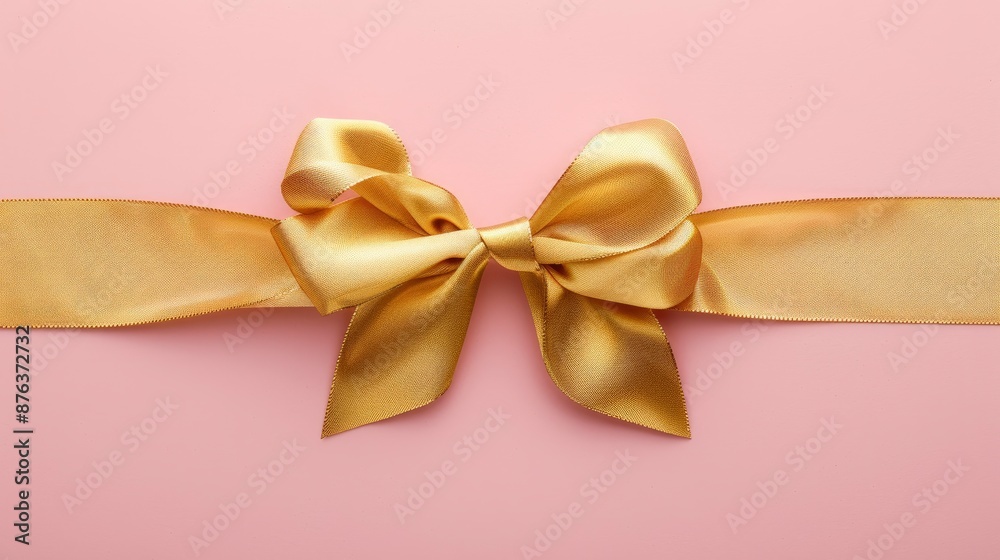 Golden Ribbon Bow On A Pink Background, Perfect For Gift Wrapping And Festive Occasions. Golden Ribbon Bow On A Pink Background, Perfect For Gift Wrapping And Festive Occasions.