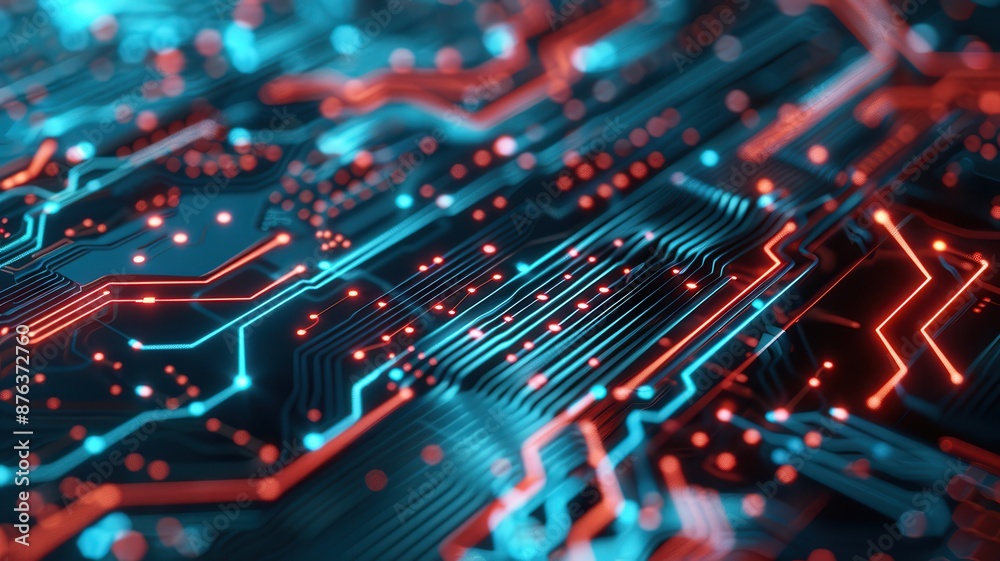 Blue and red circuit board glowing with intricate details, background blurred, close up, electronics theme, realistic, composite, industrial backdrop Blue and red circuit board glowing with intricate details, background blurred, close up, electronics theme, realistic, composite, industrial backdrop