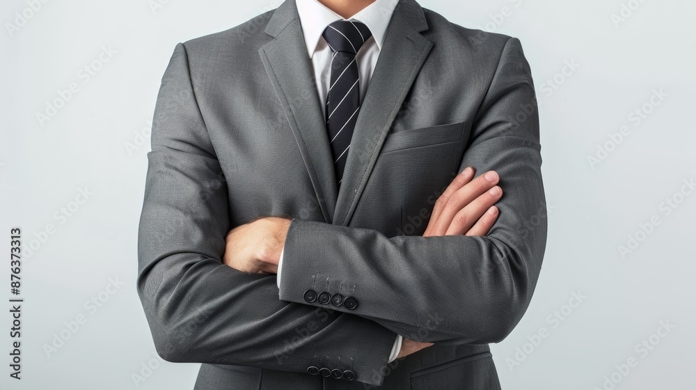 A businessman wearing a grey suit stands with his arms crossed A businessman wearing a grey suit stands with his arms crossed