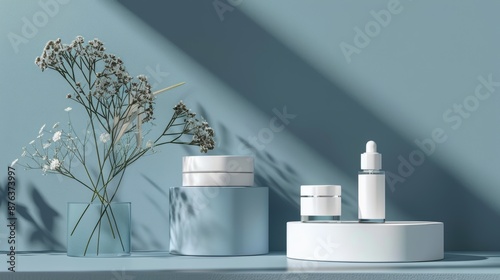 Wallpaper Mural Minimalist blue and white cosmetic containers with flowers on blue background Torontodigital.ca