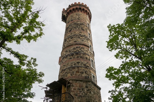 Old Cvilin lookout tower in Krnov, Czech Republic, bottom view photo