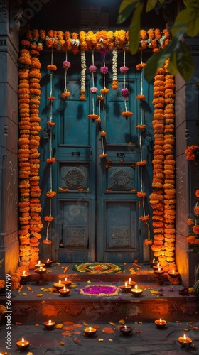 An inviting entrance to a home decorated with strings of marigold flowers, colorful rangoli, and lit diyas for diwali  photo