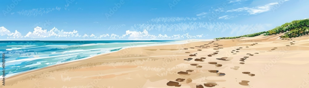 Fototapeta premium Sandy beach, footprints in the sand, clear blue sky, Watercolor style