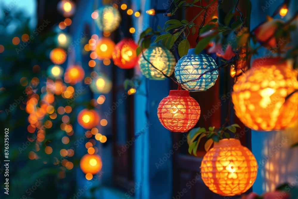 Obraz premium Strings of colorful fairy lights and lanterns adorning a house, creating a bright and joyful atmosphere. Diwali celebration