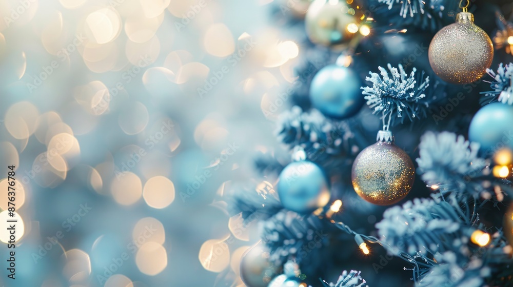 Banner With Blurred Background Of A Blue Christmas Tree Decorated With Gold Baubles Banner With Blurred Background Of A Blue Christmas Tree Decorated With Gold Baubles