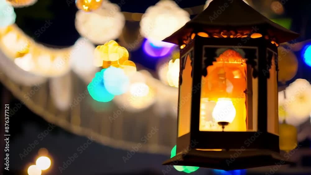 Warm lantern glow amidst colorful festive lights Warm lantern glow amidst colorful festive lights