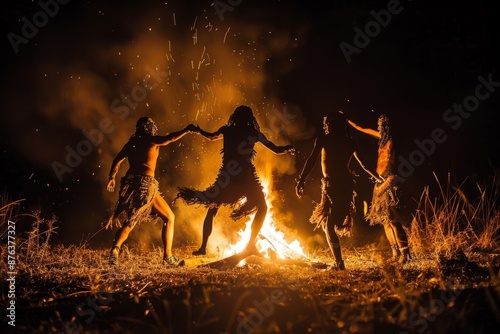 primitive people dance around the fire