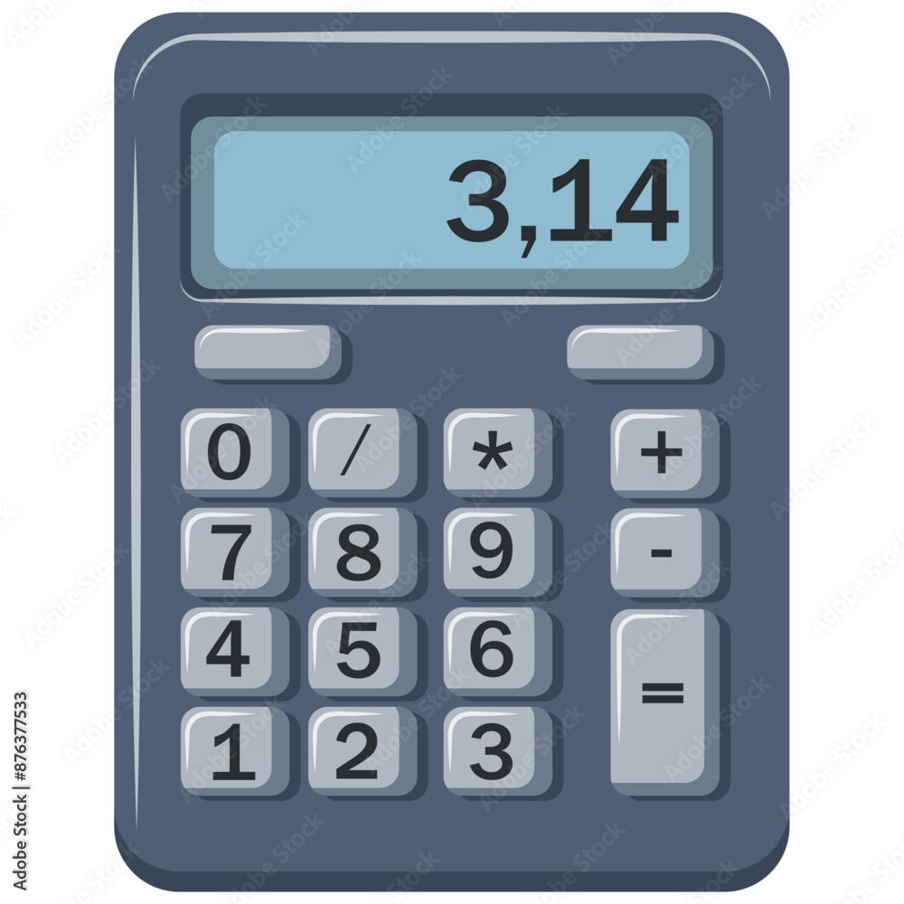Pi number calculator. Gray calculator with blue display. The numbers are displayed clearly and are easy to read. Pi number calculator. Gray calculator with blue display. The numbers are displayed clearly and are easy to read.