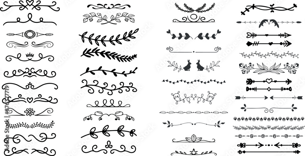 Line dividers. Decorative swirl text separators, vintage divider. Victorian flourishes line calligraphic swirly filigree decoration editable stroke vector set	