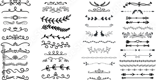 Line dividers. Decorative swirl text separators, vintage divider. Victorian flourishes line calligraphic swirly filigree decoration editable stroke vector set	