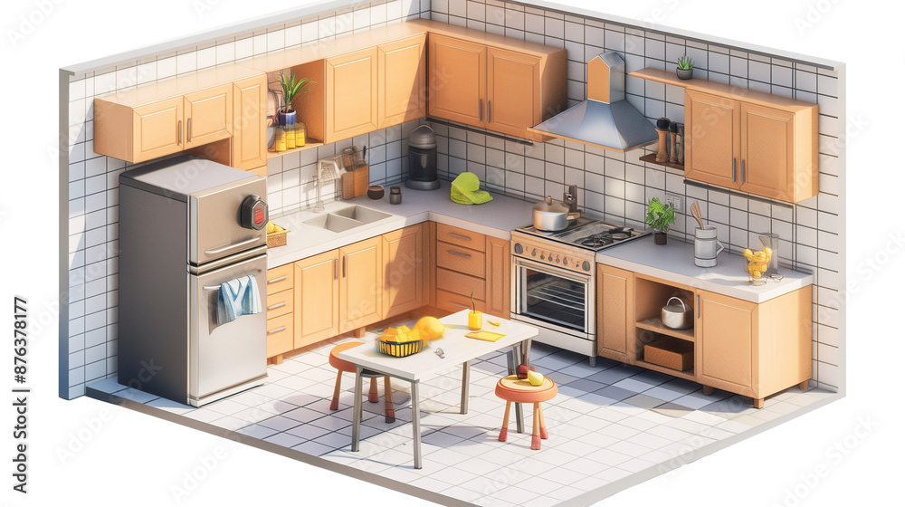 Modern home kitchen interior isometric 3d render Modern home kitchen interior isometric 3d render