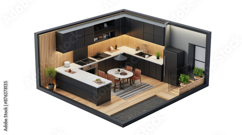 Modern home kitchen interior isometric 3d render