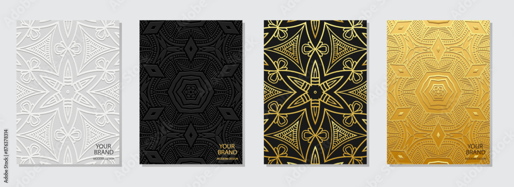 Set of covers, vertical templates. A collection of embossed, geometric backgrounds with creative 3D patterns. Ethnic ornaments, arabesques, mandala, logo. Motifs of the East, Asia, India, Mexico Set of covers, vertical templates. A collection of embossed, geometric backgrounds with creative 3D patterns. Ethnic ornaments, arabesques, mandala, logo. Motifs of the East, Asia, India, Mexico