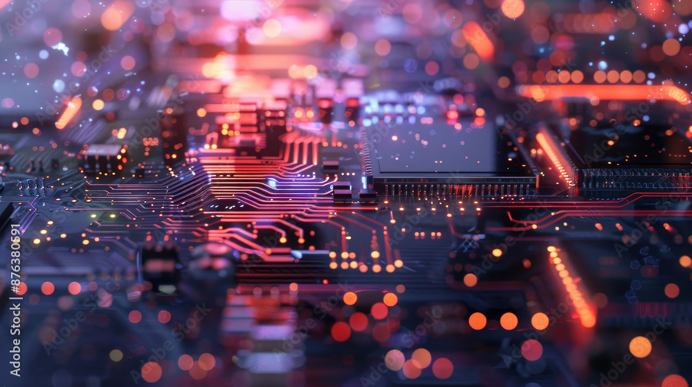 Rendering of a futuristic circuit board with bokeh effects, illustrating a technology-related concept. Rendering of a futuristic circuit board with bokeh effects, illustrating a technology-related concept.