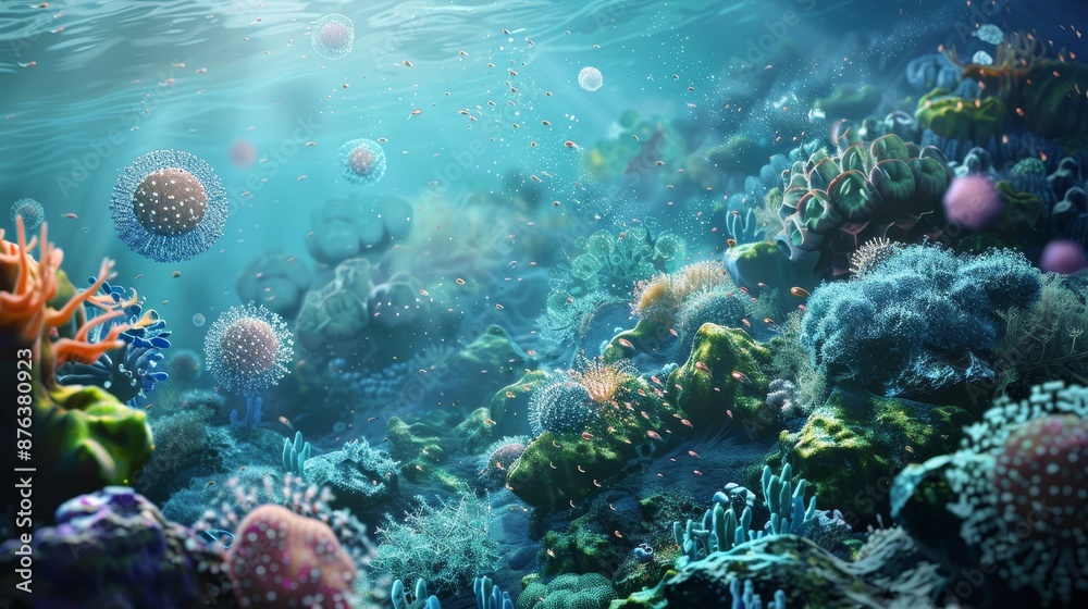 Fototapeta premium A colorful underwater scene with many different types of sea creatures