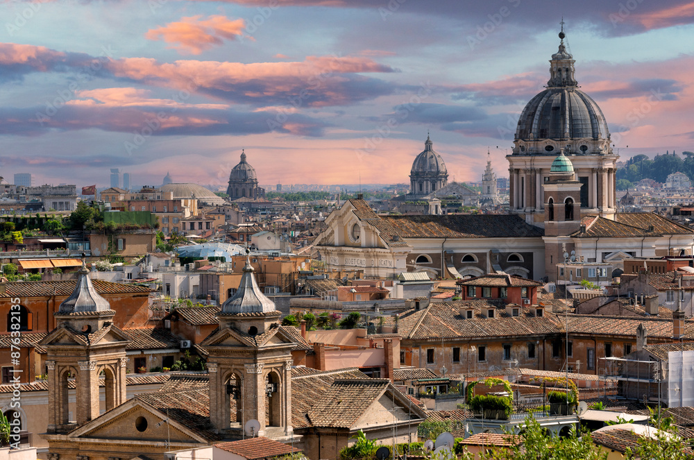 Obraz premium Aerial panoramic cityscape of Rome, Italy, Europe. Roma is the capital of Italy. Cityscape of Rome in summer. Rome roofs view with ancient architecture in Italy. Rome architecture and landmark.
