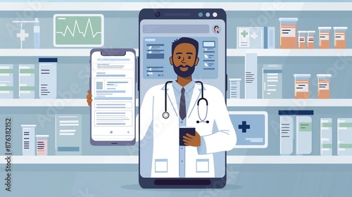 Virtual doctor on smartphone screen, e-prescription service, seamless digital healthcare, detailed and clear visuals, 4K quality. copy space for text, photo