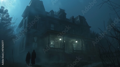 A haunted house with eerie lighting and ghostly figures creates a spine-chilling atmosphere for visitors.